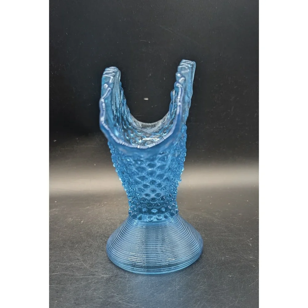 Vintage Empoli Italian Blue Hobnail Glass Fan Vase Ruffled Rim Pedestal 7